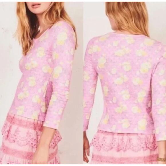 LOVESHACKFANCY Soutine Pink Yellow Floral Cotton Textured Eyelet Top Size XS - Picture 1 of 10